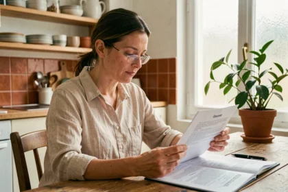 Femme consultant un contrat d'assurance habitation à la table de sa cuisine