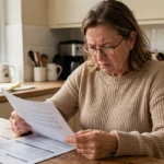 Femme consultant son contrat d'assurance habitation à la table de cuisine, illustrant la lecture des tarifs et garanties