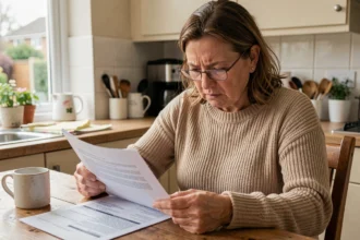 Femme consultant son contrat d'assurance habitation à la table de cuisine, illustrant la lecture des tarifs et garanties