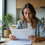 Jeune femme en cuisine examinant un contrat d'assurance