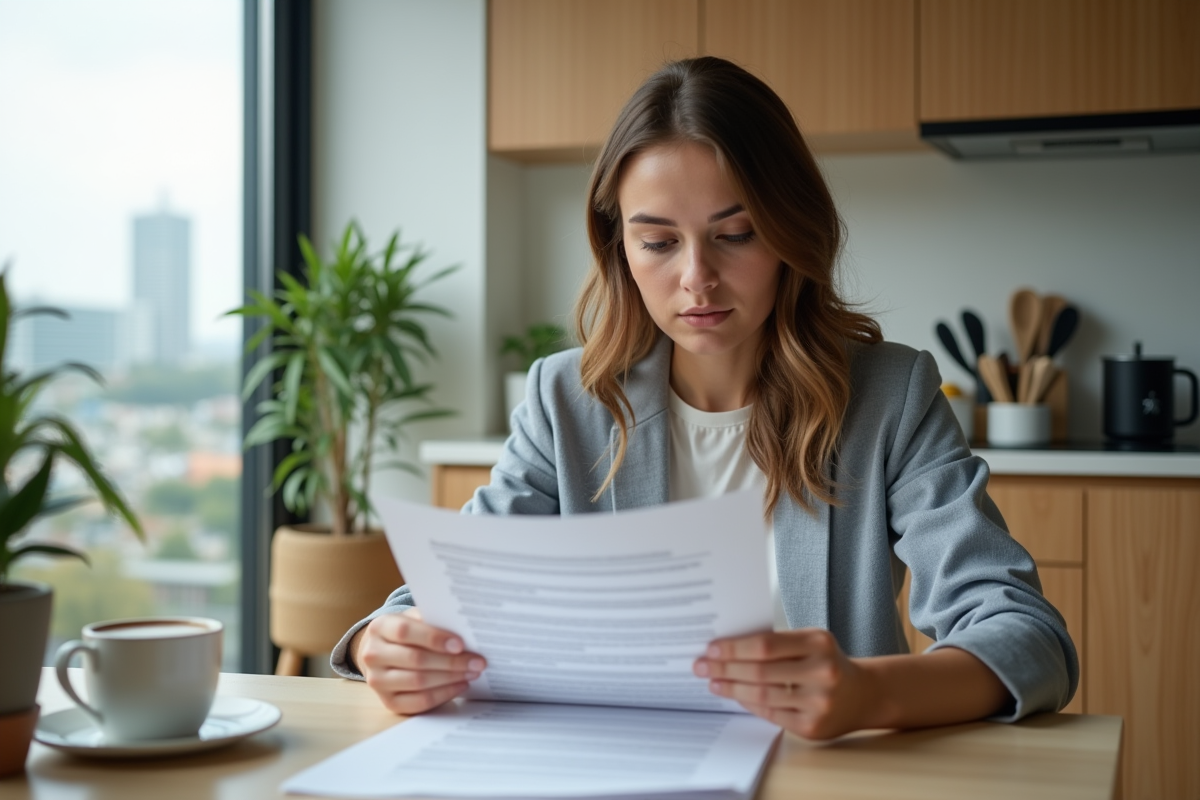 Jeune femme en cuisine examinant un contrat d'assurance