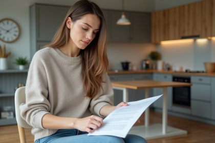 Jeune femme regardant un contrat de location dans un appartement