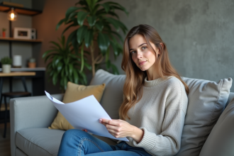 Femme assise sur un canapé avec documents et calculatrice