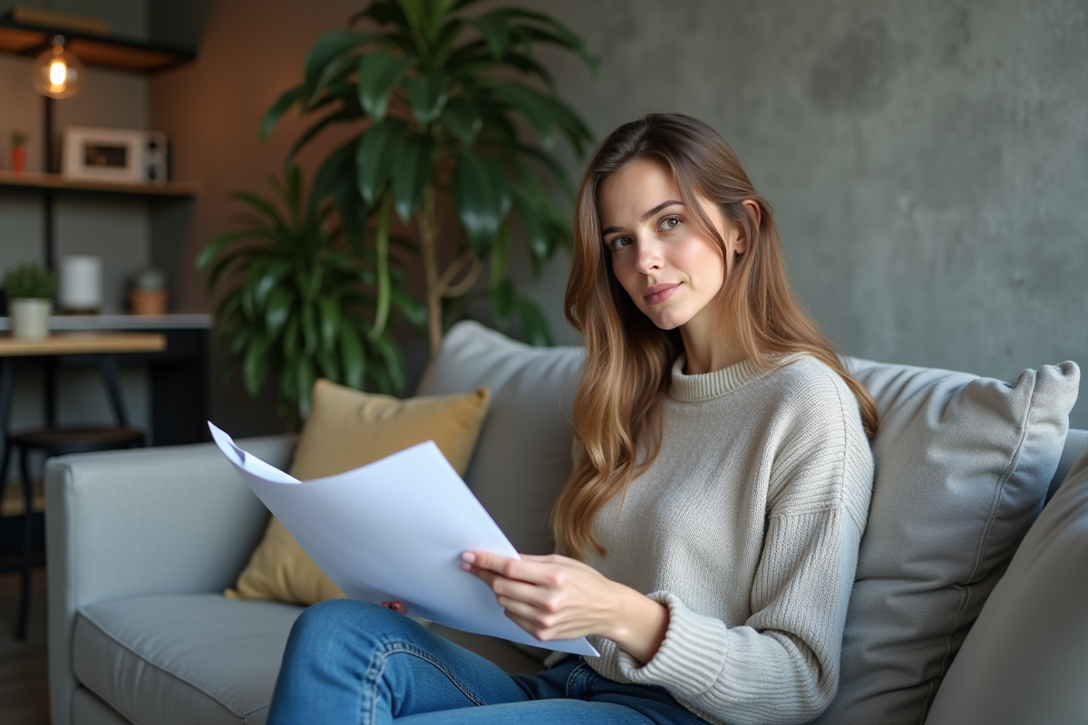 Femme assise sur un canapé avec documents et calculatrice