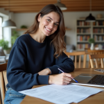 Femme souriante examinant des contrats de location à la maison