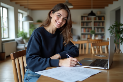 Femme souriante examinant des contrats de location à la maison