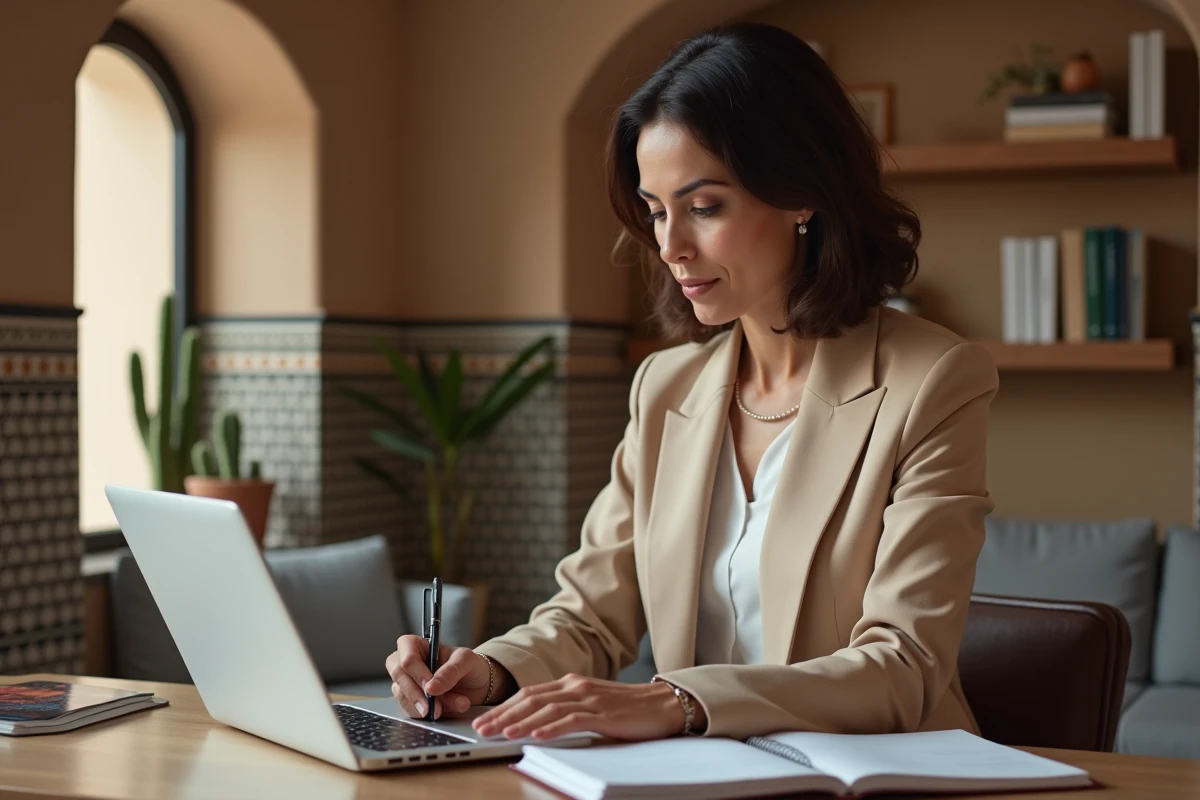 Femme marocaine consultant une offre de crédit immobilier en ligne pour financer son appartement à Marrakech depuis un bureau à domicile
