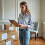 Femme française avec cartons dans un appartement lumineux