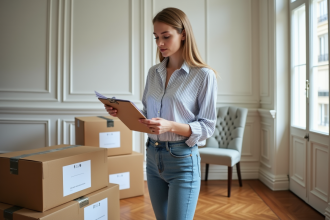 Femme française avec cartons dans un appartement lumineux