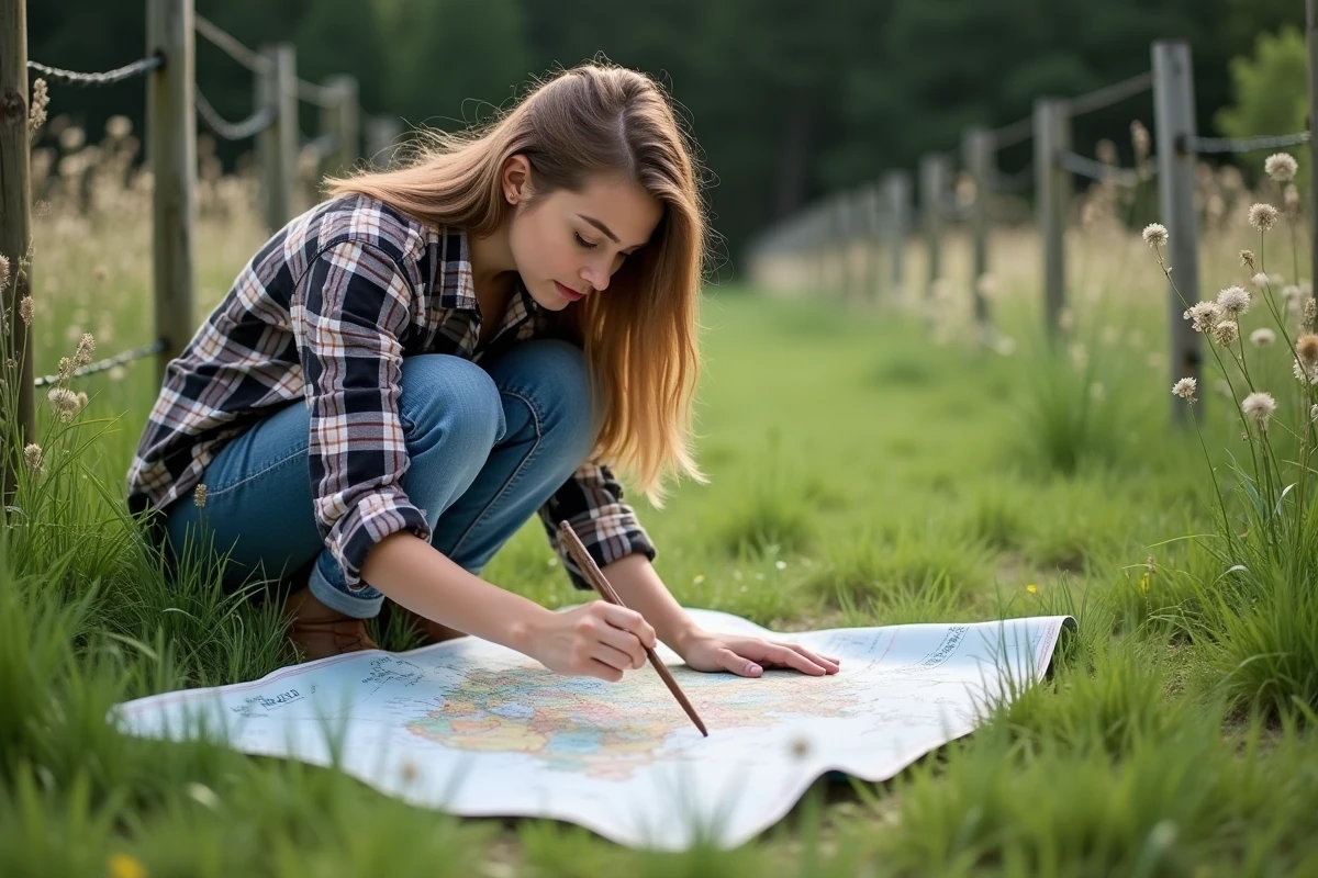 Jeune femme dessinant sur une carte dans la prairie