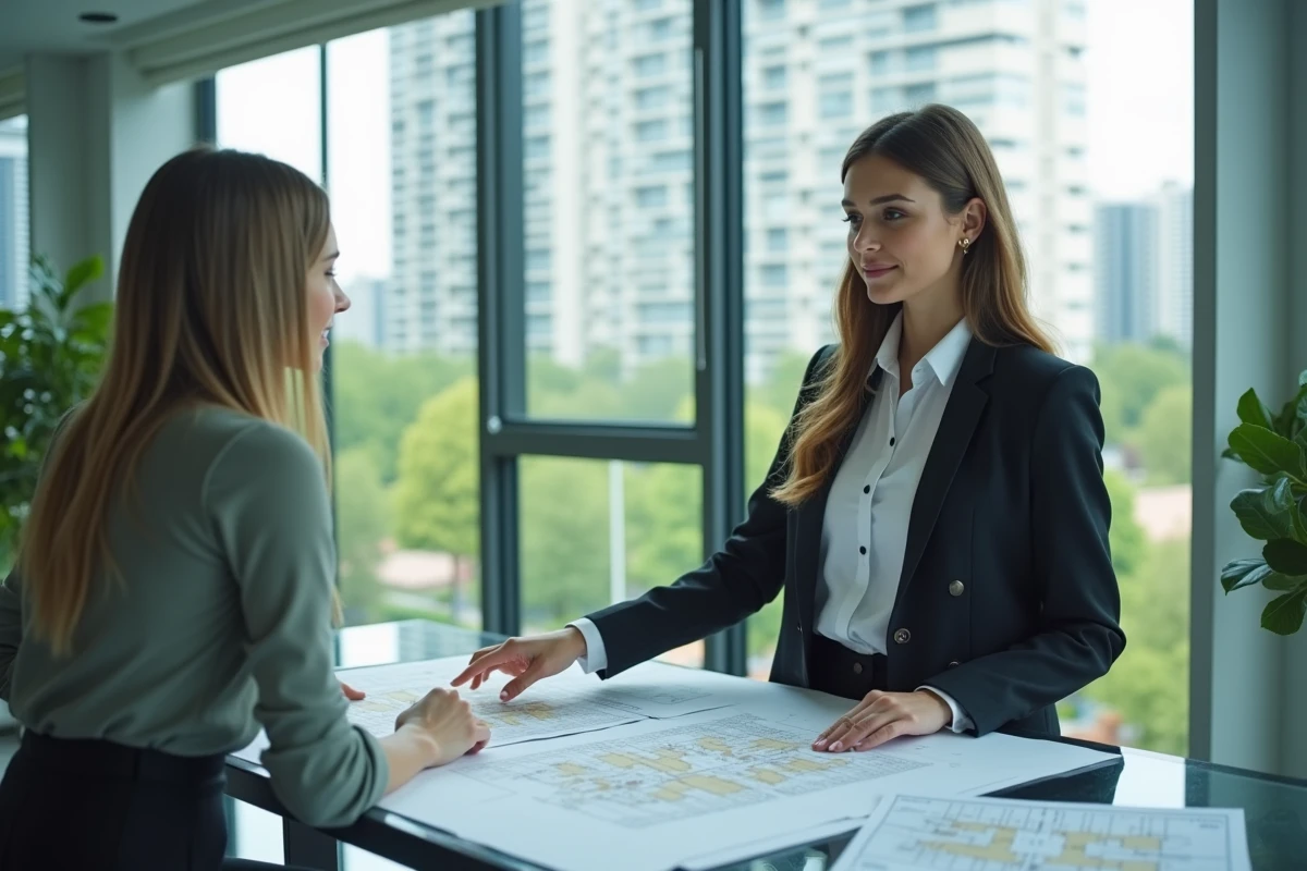 Jeune femme en bureau discutant de plans immobiliers