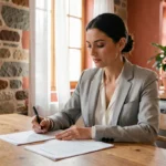 Femme consultant des documents d'assurance habitation à Limoges dans un appartement moderne