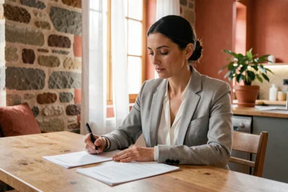Femme consultant des documents d'assurance habitation à Limoges dans un appartement moderne
