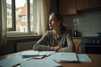 Femme d'âge moyen avec documents dans la cuisine