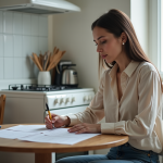 Femme remplissant un dossier de location dans sa cuisine