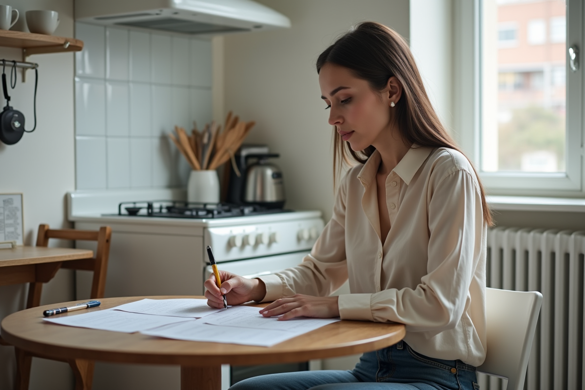 Femme remplissant un dossier de location dans sa cuisine