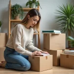 Femme emballant des livres dans un appartement moderne