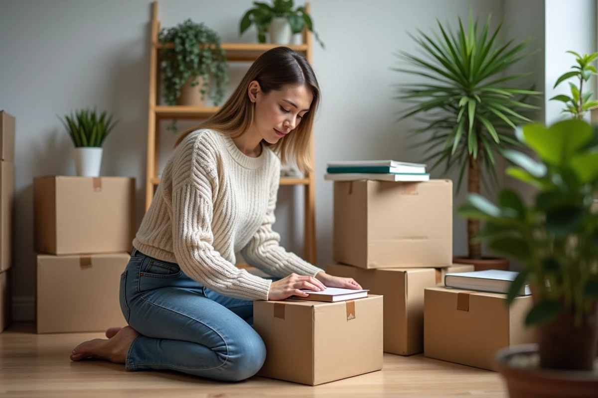 Femme emballant des livres dans un appartement moderne