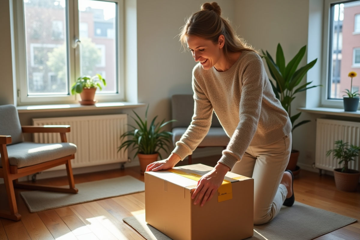 Femme emballant une caisse dans un appartement lumineux