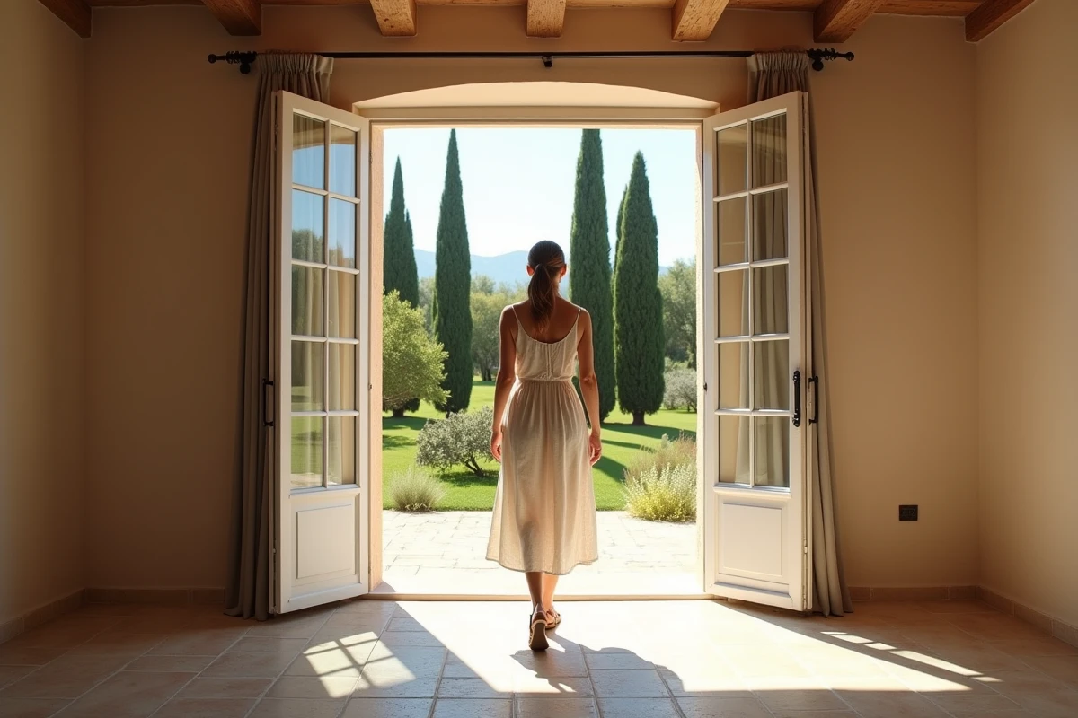 Femme entrant dans salon en Béziers avec jardin