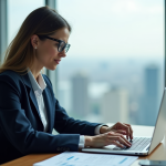 Femme d'affaires en costume regardant des graphiques financiers