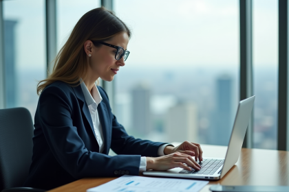 Femme d'affaires en costume regardant des graphiques financiers