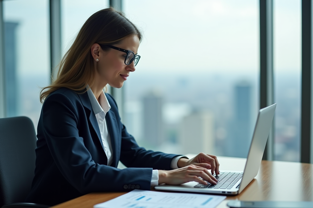 Femme d'affaires en costume regardant des graphiques financiers