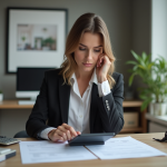 Femme en bureau moderne examinant des documents immobiliers