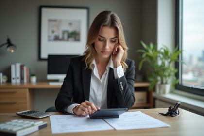 Femme en bureau moderne examinant des documents immobiliers