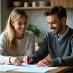 Femme et jeune homme souriants examinant documents de financement logement