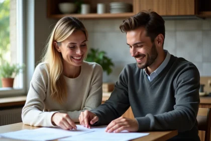 Femme et jeune homme souriants examinant documents de financement logement
