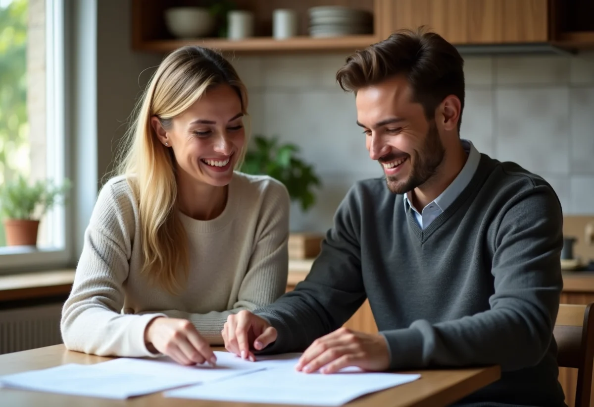 Femme et jeune homme souriants examinant documents de financement logement