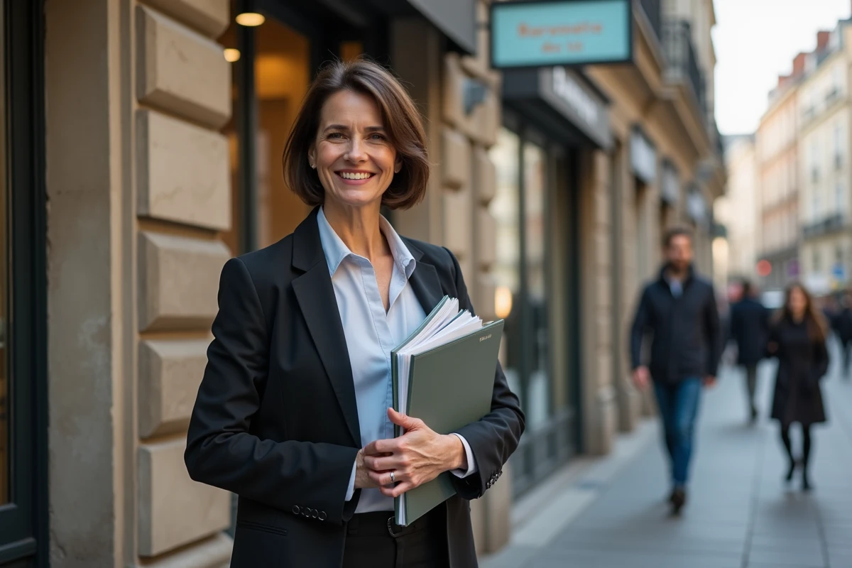 Femme souriante devant une agence immobiliere dans la rue urbaine