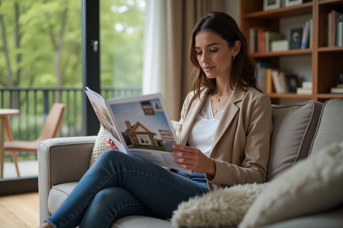 Jeune femme lisant des brochures immobilières dans un salon