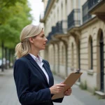 Femme professionnelle examine une façade d'immeuble ancien