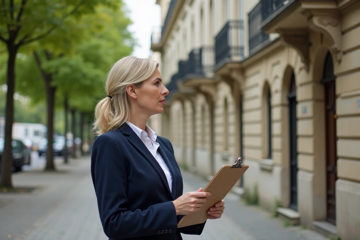 Femme professionnelle examine une façade d'immeuble ancien