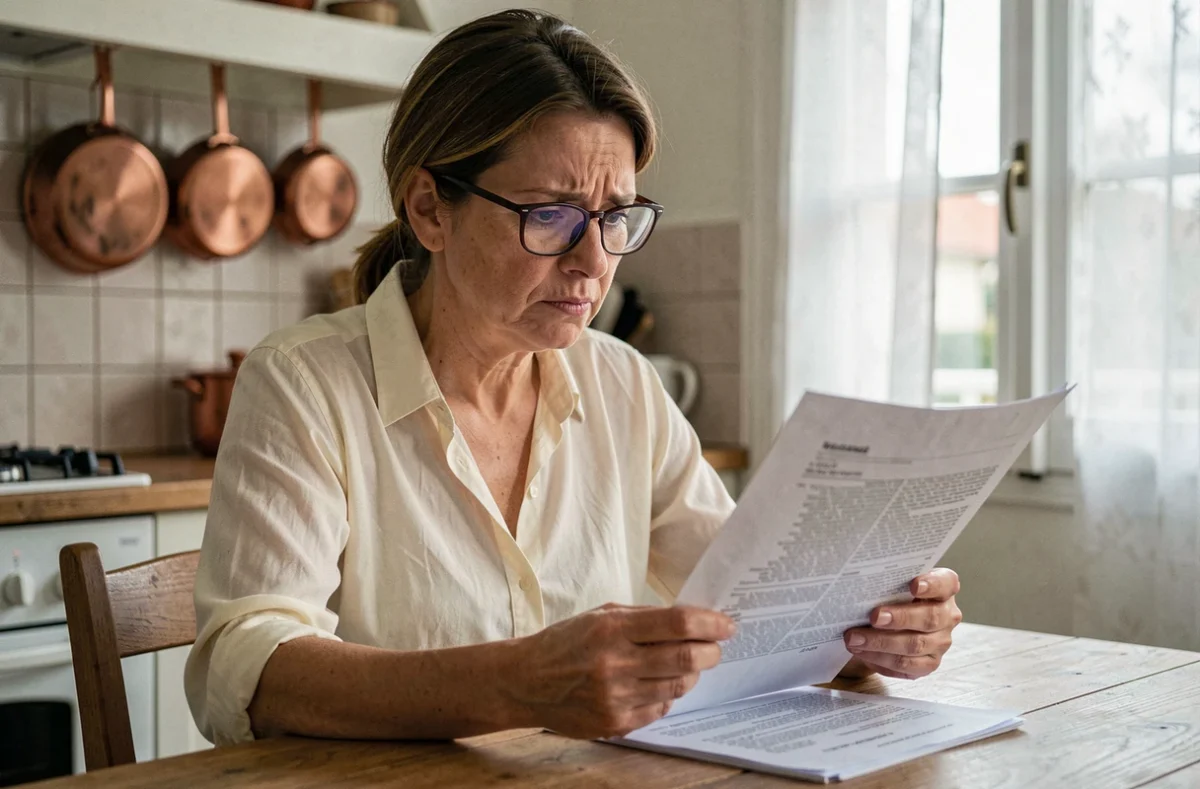 Femme inquiète lisant un contrat de démembrement de propriété dans son appartement