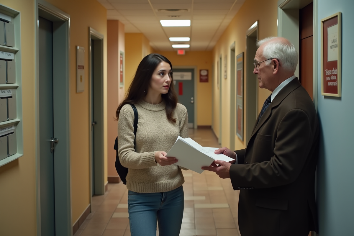 Jeune femme remettant des lettres à un homme dans un couloir résidentiel