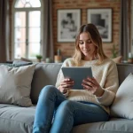 Jeune femme avec tablette dans un appartement toulousain