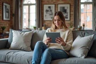 Jeune femme avec tablette dans un appartement toulousain