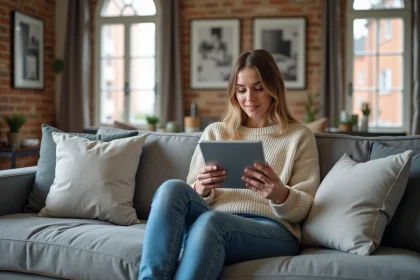 Jeune femme avec tablette dans un appartement toulousain