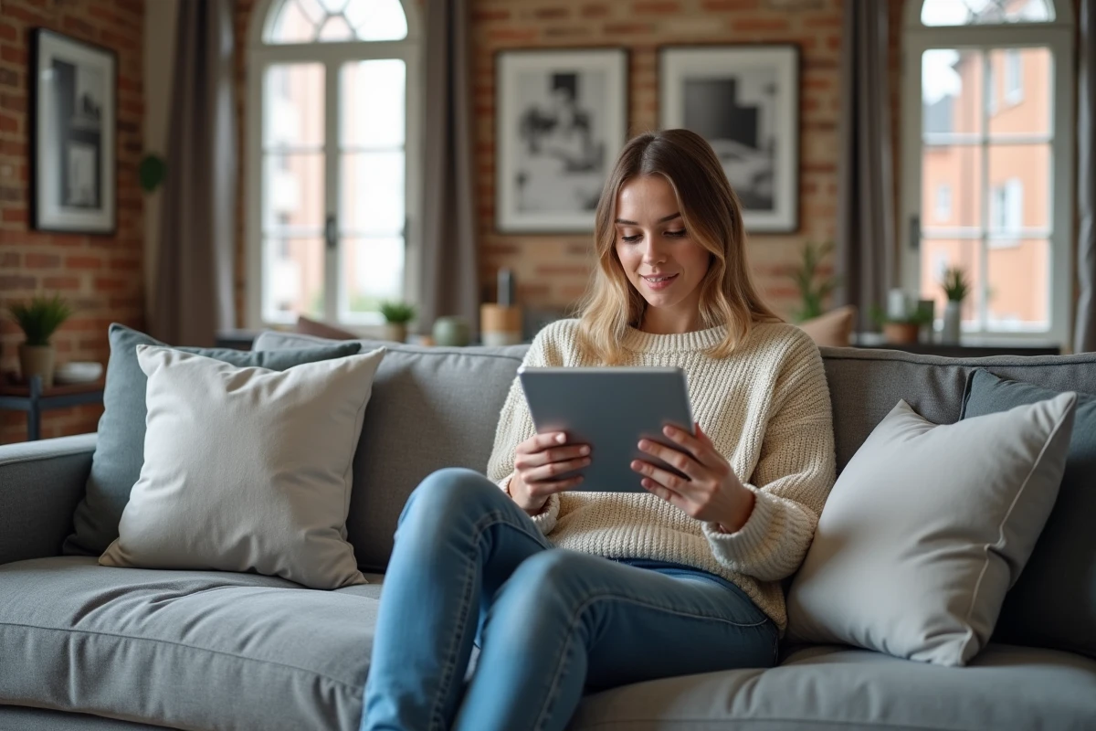 Jeune femme avec tablette dans un appartement toulousain