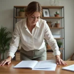 Femme d'âge moyen organisant des papiers dans un appartement lumineux