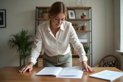 Femme d'âge moyen organisant des papiers dans un appartement lumineux