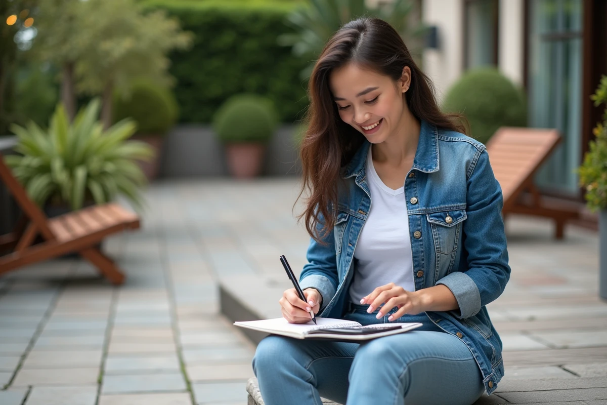 Jeune femme souriante écrivant dans un carnet sur terrasse