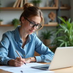 Jeune femme remplissant documents LMNP à la maison