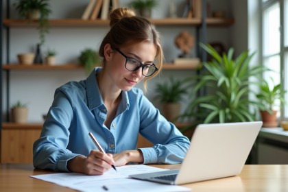 Jeune femme remplissant documents LMNP à la maison