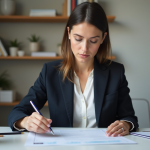 Femme professionnelle examinant des documents de prêt immobilier