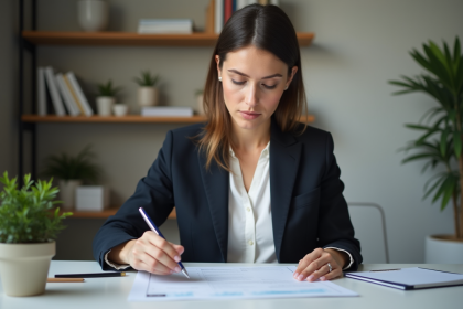 Femme professionnelle examinant des documents de prêt immobilier