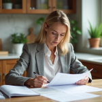 Femme d'âge moyen examine des documents dans une cuisine lumineuse